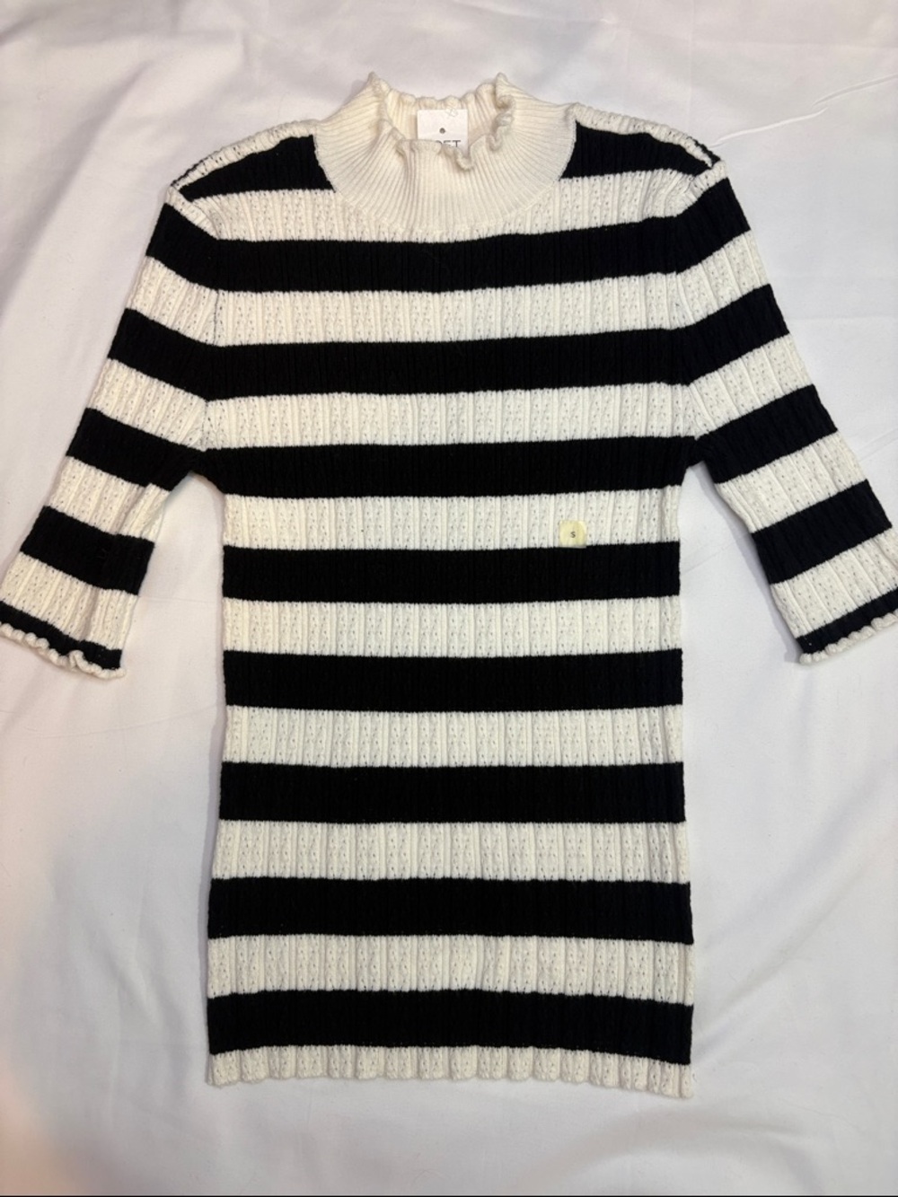 Black and White Stripe Lettuce Ruffle Trim Mock Neckline Hem Knit Short Sleeve